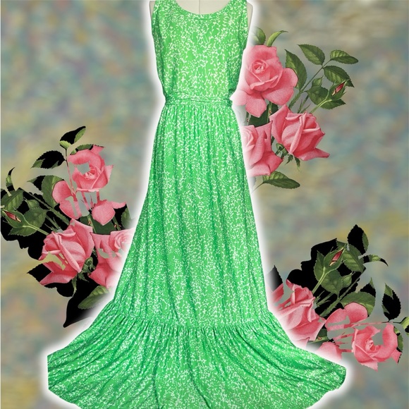 Vintage Green Floral Maxi Dress 60s/70s De Laix Tie Waist - Picture 2 of 13